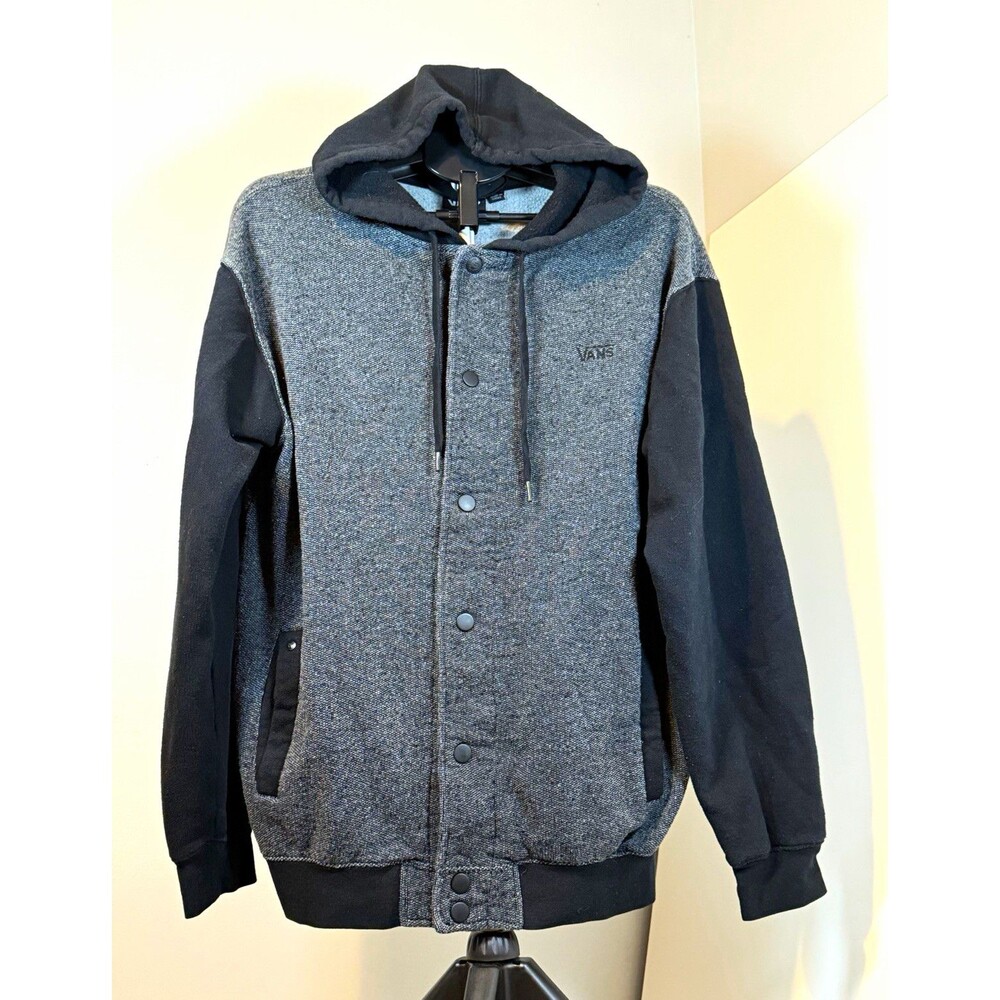 VANS Men's L Gray Black Fleece Varsity Jacket Snap/Button Front Pockets